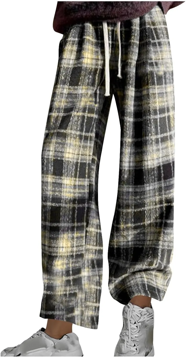 Women's Pajama Pants Plaid High Waisted Warm Fleece Cute Lounge Pants Y2k Vintage Baggy Wide Leg Drawstring Trousers