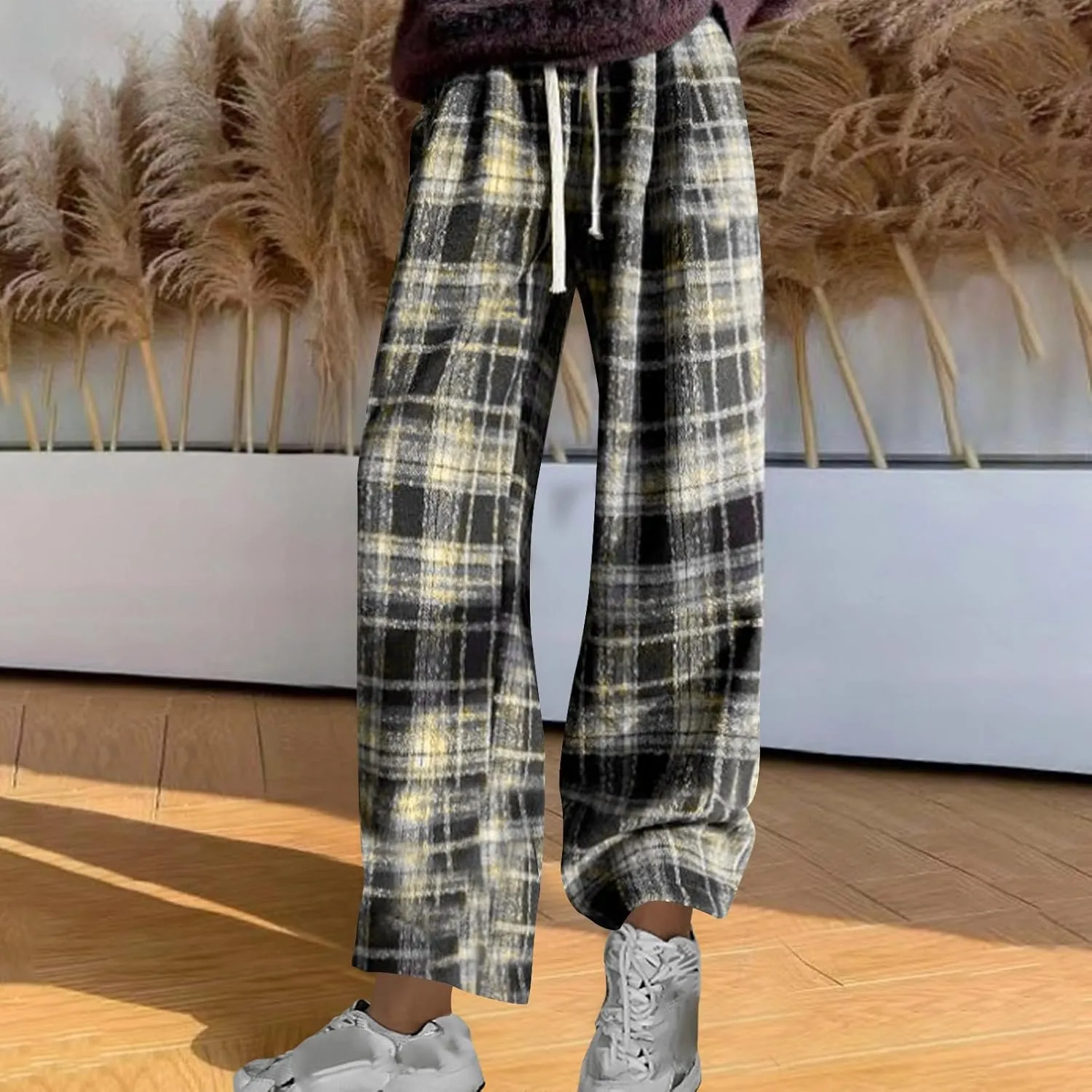Women's Pajama Pants Plaid High Waisted Warm Fleece Cute Lounge Pants Y2k Vintage Baggy Wide Leg Drawstring Trousers