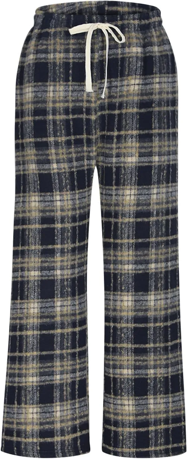 Women's Pajama Pants Plaid High Waisted Warm Fleece Cute Lounge Pants Y2k Vintage Baggy Wide Leg Drawstring Trousers