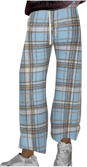 Women's Pajama Pants Plaid High Waisted Warm Fleece Cute Lounge Pants Y2k Vintage Baggy Wide Leg Drawstring Trousers