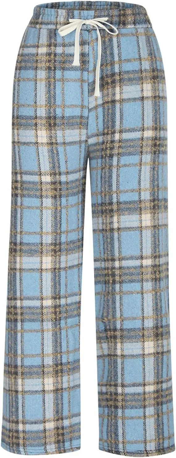 Women's Pajama Pants Plaid High Waisted Warm Fleece Cute Lounge Pants Y2k Vintage Baggy Wide Leg Drawstring Trousers