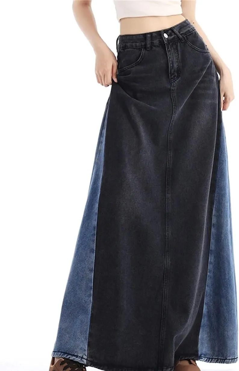 Women's Patchwork Long Denim Skirt Spring 2025 High Waist A Line Maxi Jean Skirts Streetwear Casual Skirts