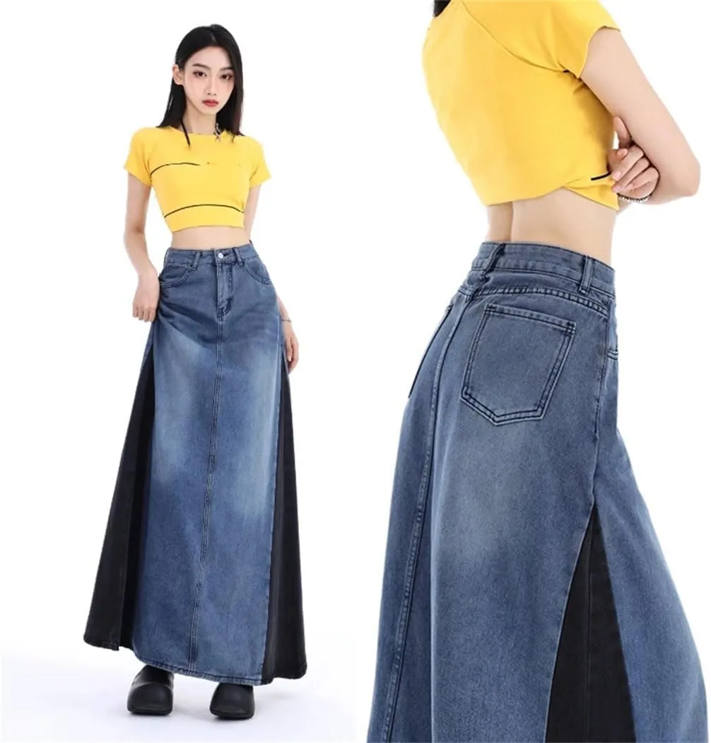 Women's Patchwork Long Denim Skirt Spring 2025 High Waist A Line Maxi Jean Skirts Streetwear Casual Skirts