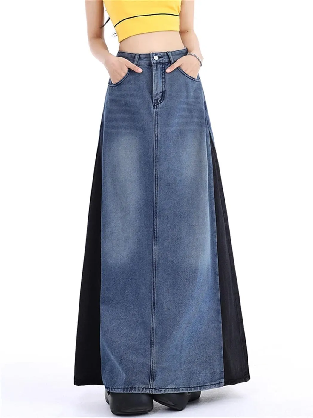 Women's Patchwork Long Denim Skirt Spring 2025 High Waist A Line Maxi Jean Skirts Streetwear Casual Skirts