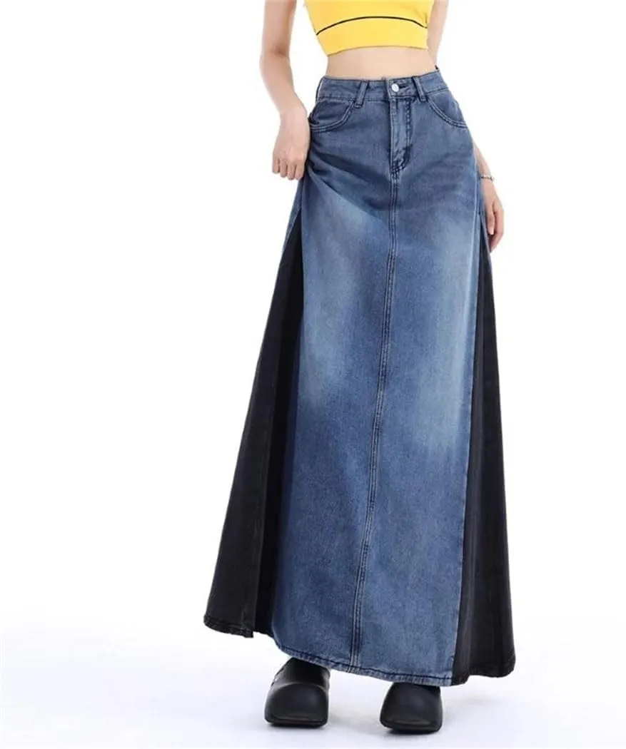 Women's Patchwork Long Denim Skirt Spring 2025 High Waist A Line Maxi Jean Skirts Streetwear Casual Skirts