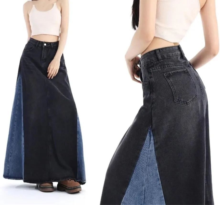 Women's Patchwork Long Denim Skirt Spring 2025 High Waist A Line Maxi Jean Skirts Streetwear Casual Skirts