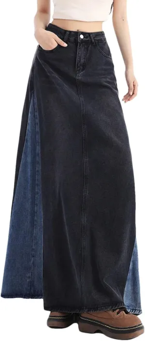 Women's Patchwork Long Denim Skirt Spring 2025 High Waist A Line Maxi Jean Skirts Streetwear Casual Skirts