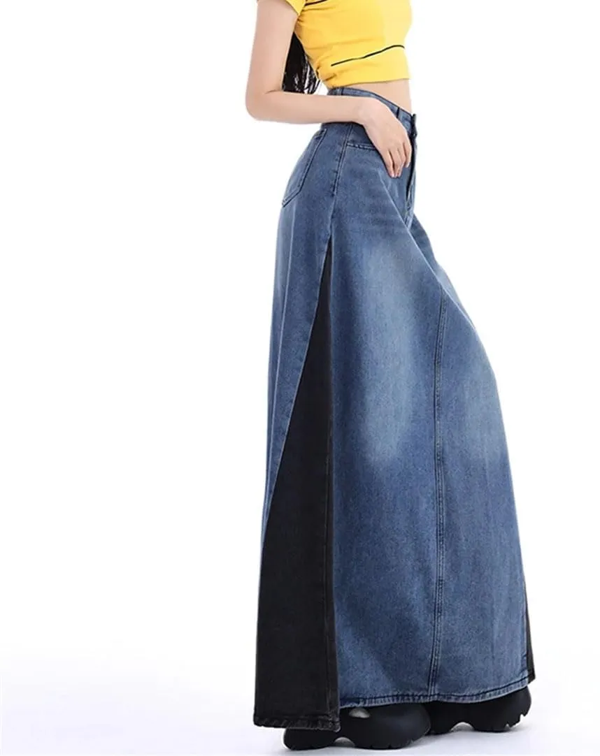 Women's Patchwork Long Denim Skirt Spring 2025 High Waist A Line Maxi Jean Skirts Streetwear Casual Skirts
