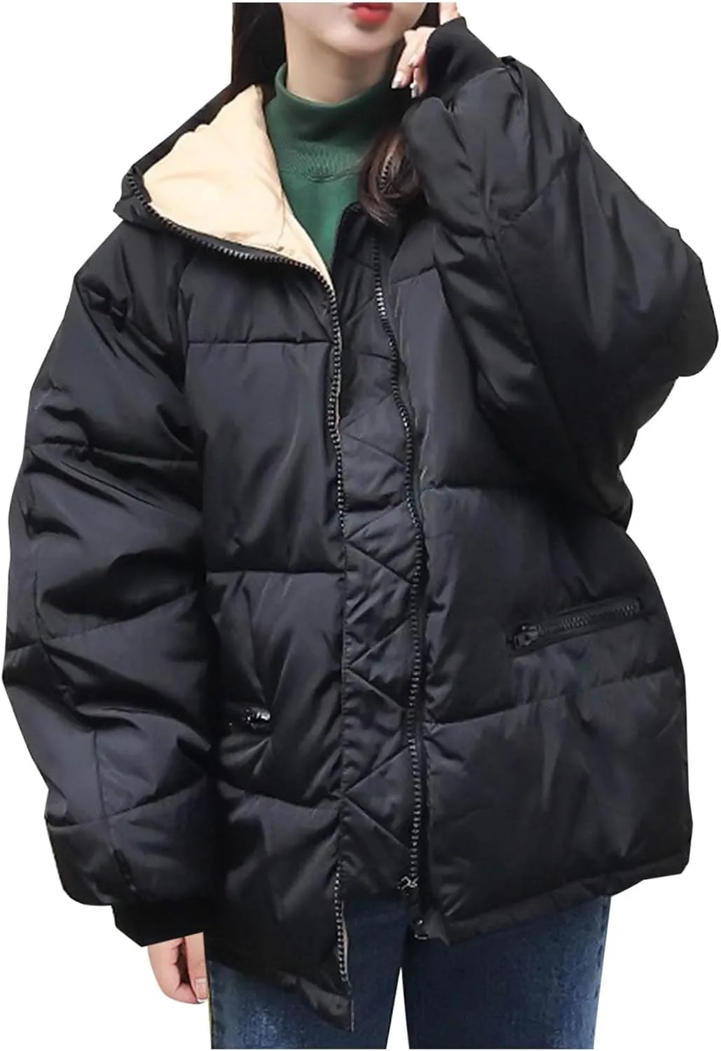 Women's Puffer Jackets Casual Winter Full Zip up Down Coats Oversized Quilted Jacket Warm Outerwear with Pockets