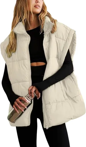 Womens Quilted Puffer Vest Sleeveless Zip up Jacket Stand Collar Padded Gilet Coat with Pockets