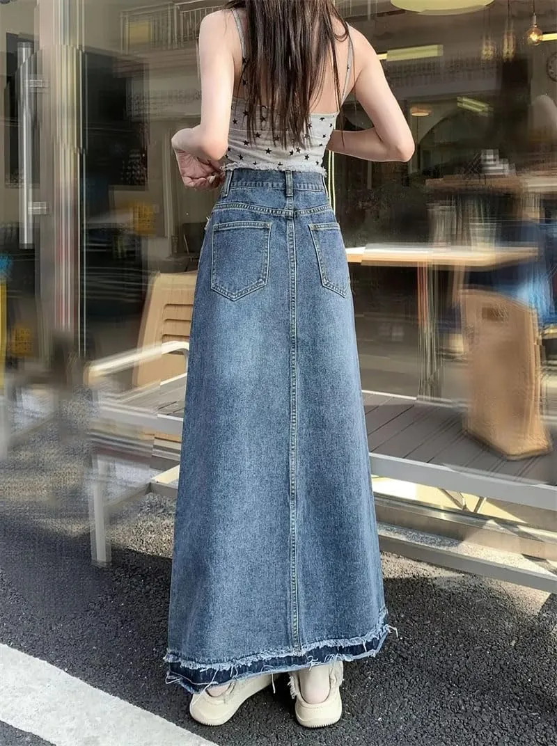 Women's Rough Edge Denim Skirt Vintage Casual High-Waisted A-Line Loose Half Skirts