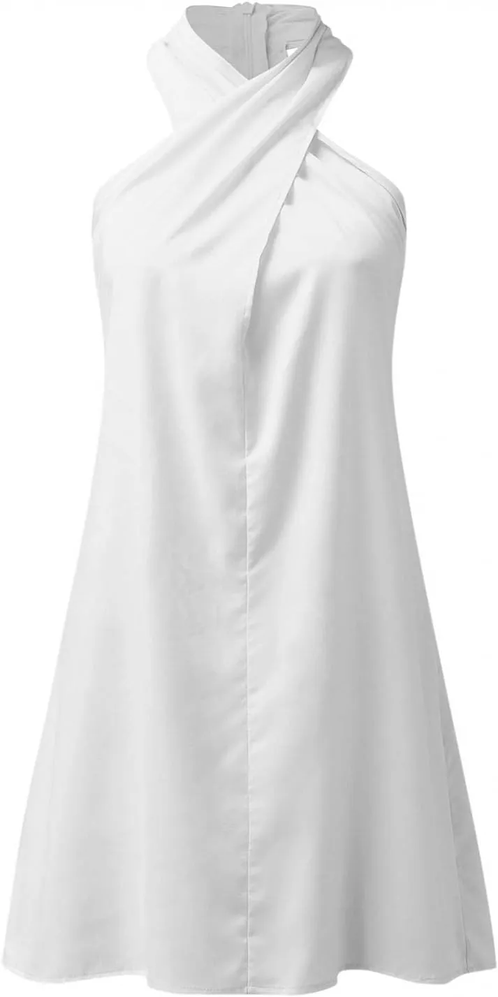 Womens Sexy Criss Cross Wrap Front Bodycon Halter Neck Midi Dress Summer Beach Tback Party Club Sleeveless Mini Dress