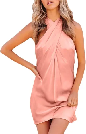 Womens Sexy Criss Cross Wrap Front Bodycon Halter Neck Midi Dress Summer Beach Tback Party Club Sleeveless Mini Dress