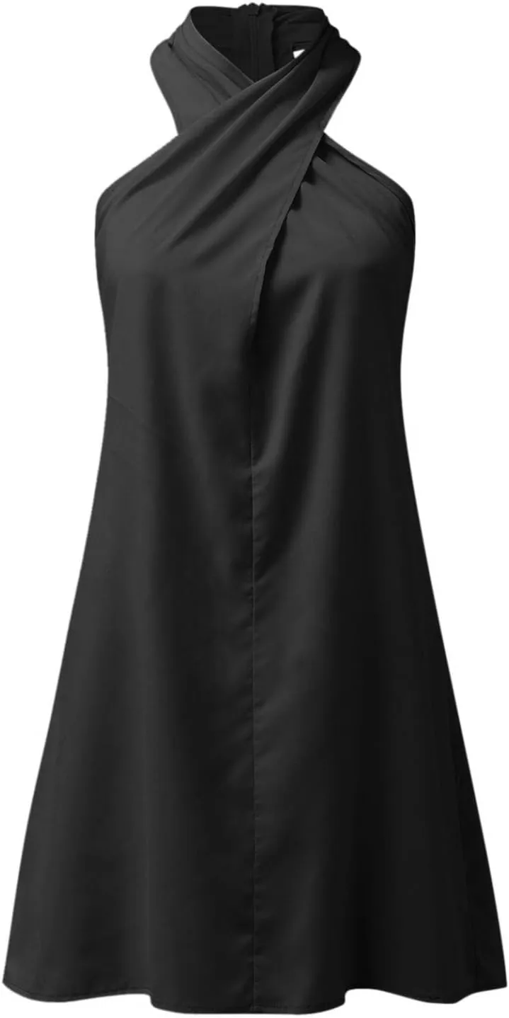 Womens Sexy Criss Cross Wrap Front Bodycon Halter Neck Midi Dress Summer Beach Tback Party Club Sleeveless Mini Dress