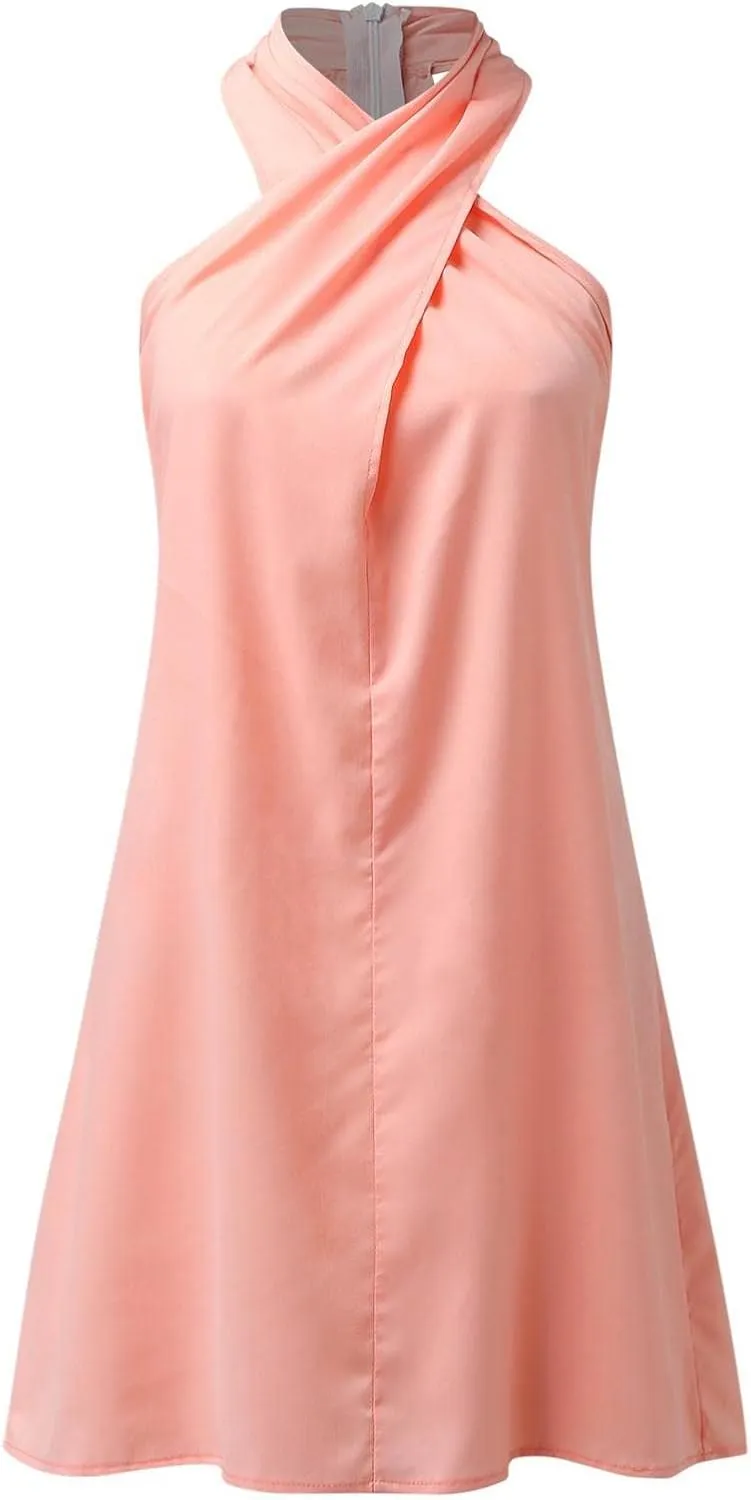 Womens Sexy Criss Cross Wrap Front Bodycon Halter Neck Midi Dress Summer Beach Tback Party Club Sleeveless Mini Dress