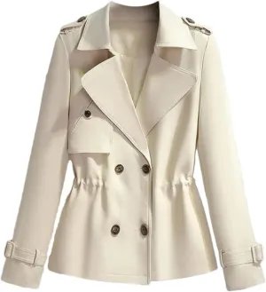 Women's Short Trench Coat – Drawstring Casual Jacket Spring Double-Breasted With Lining Office Outerwear For Ladies