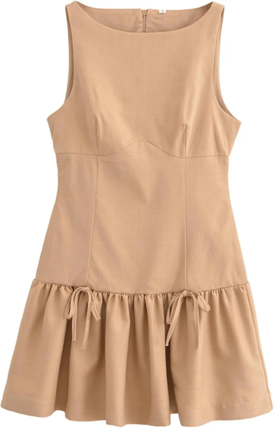 Womens Sleeveless Pleated Dress Girdling A Line Solid Color Pullover Round Neck Bow Zipper Back Mini Dress