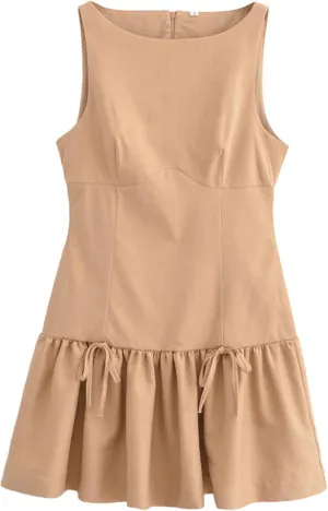 Womens Sleeveless Pleated Dress Girdling A Line Solid Color Pullover Round Neck Bow Zipper Back Mini Dress