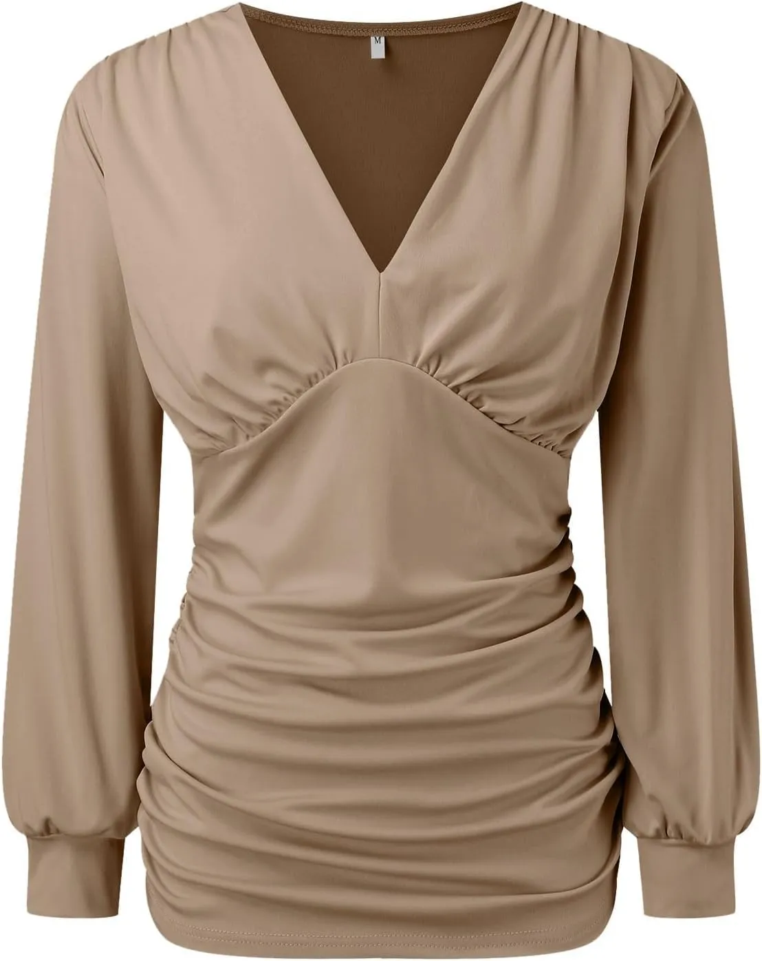 Womens Slim Fit Lantern Long Sleeve Shirts Deep V Neck Ruched Empire Waist Work Tops Formal Solid Blouse with Belt