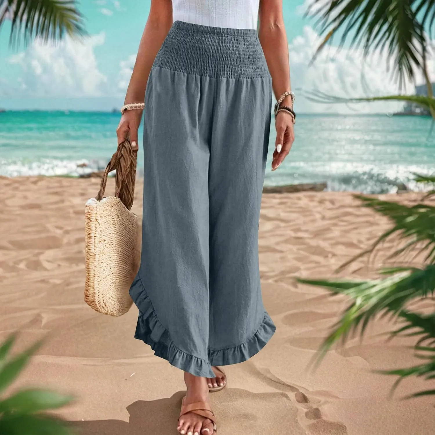 Womens Smocked Waist Ruffle Hem Palazzo Pants Boho Wide Leg Cotton Linen Trouser 2025 Fashion Casual Comfy Flowy Pants
