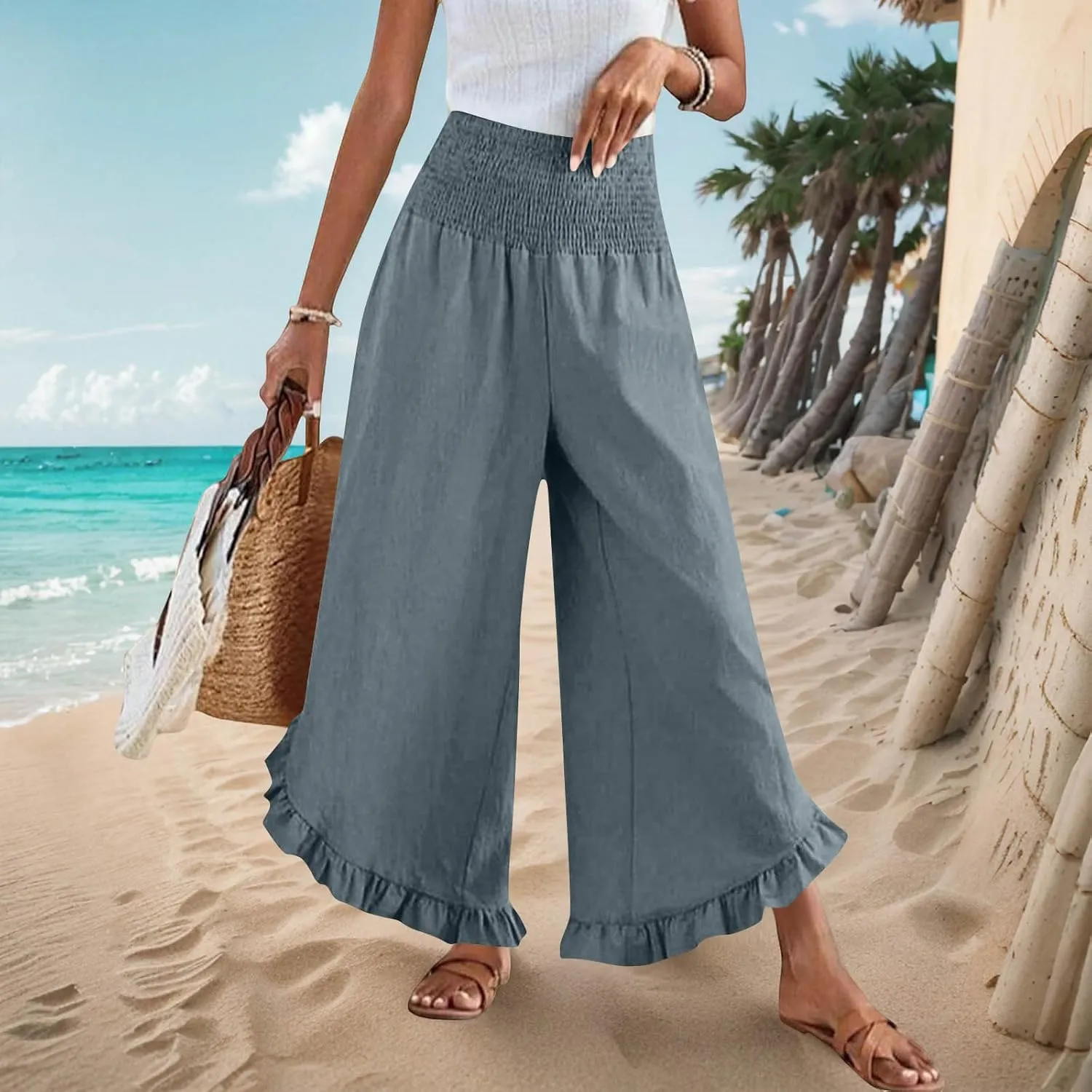 Womens Smocked Waist Ruffle Hem Palazzo Pants Boho Wide Leg Cotton Linen Trouser 2025 Fashion Casual Comfy Flowy Pants