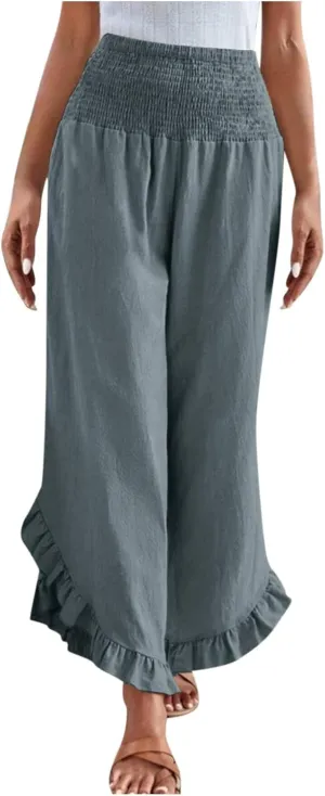 Womens Smocked Waist Ruffle Hem Palazzo Pants Boho Wide Leg Cotton Linen Trouser 2025 Fashion Casual Comfy Flowy Pants
