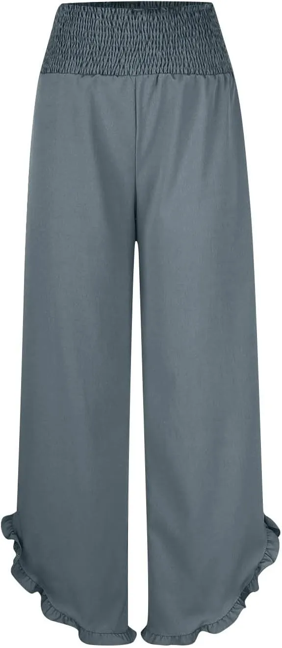 Womens Smocked Waist Ruffle Hem Palazzo Pants Boho Wide Leg Cotton Linen Trouser 2025 Fashion Casual Comfy Flowy Pants