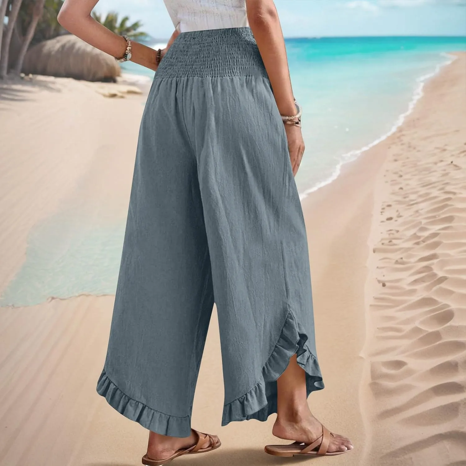 Womens Smocked Waist Ruffle Hem Palazzo Pants Boho Wide Leg Cotton Linen Trouser 2025 Fashion Casual Comfy Flowy Pants