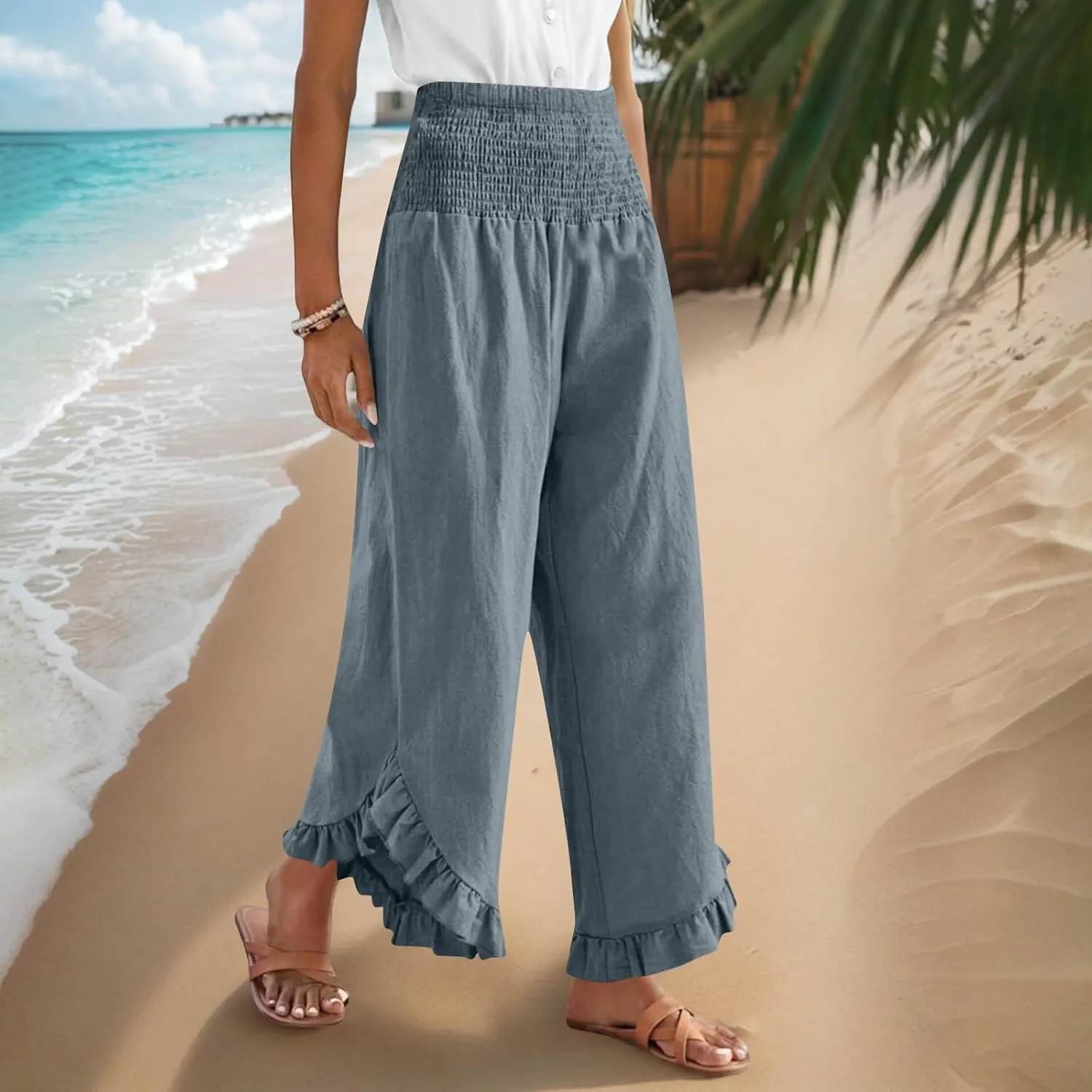 Womens Smocked Waist Ruffle Hem Palazzo Pants Boho Wide Leg Cotton Linen Trouser 2025 Fashion Casual Comfy Flowy Pants