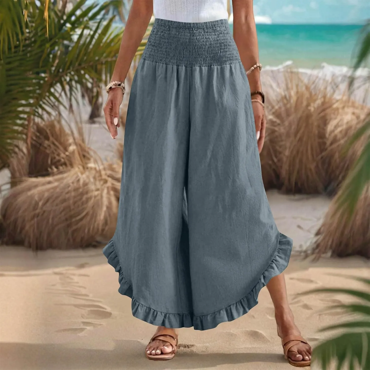 Womens Smocked Waist Ruffle Hem Palazzo Pants Boho Wide Leg Cotton Linen Trouser 2025 Fashion Casual Comfy Flowy Pants