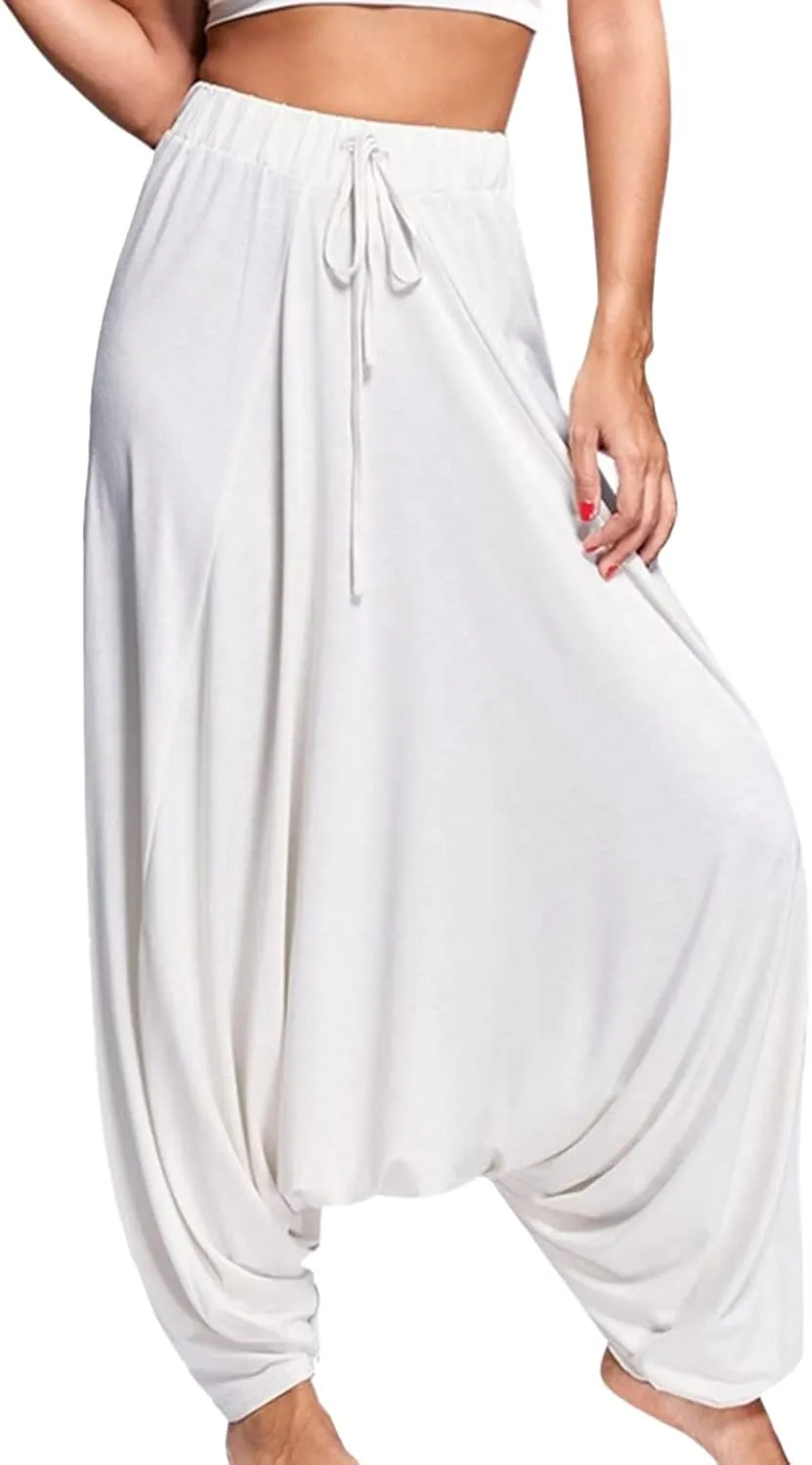 Womens Solid Color Drop Crotch Harem Pants Drawstring Loose Fit Aladdin Hippie Palazzo Lounge Elephant Boho Pants