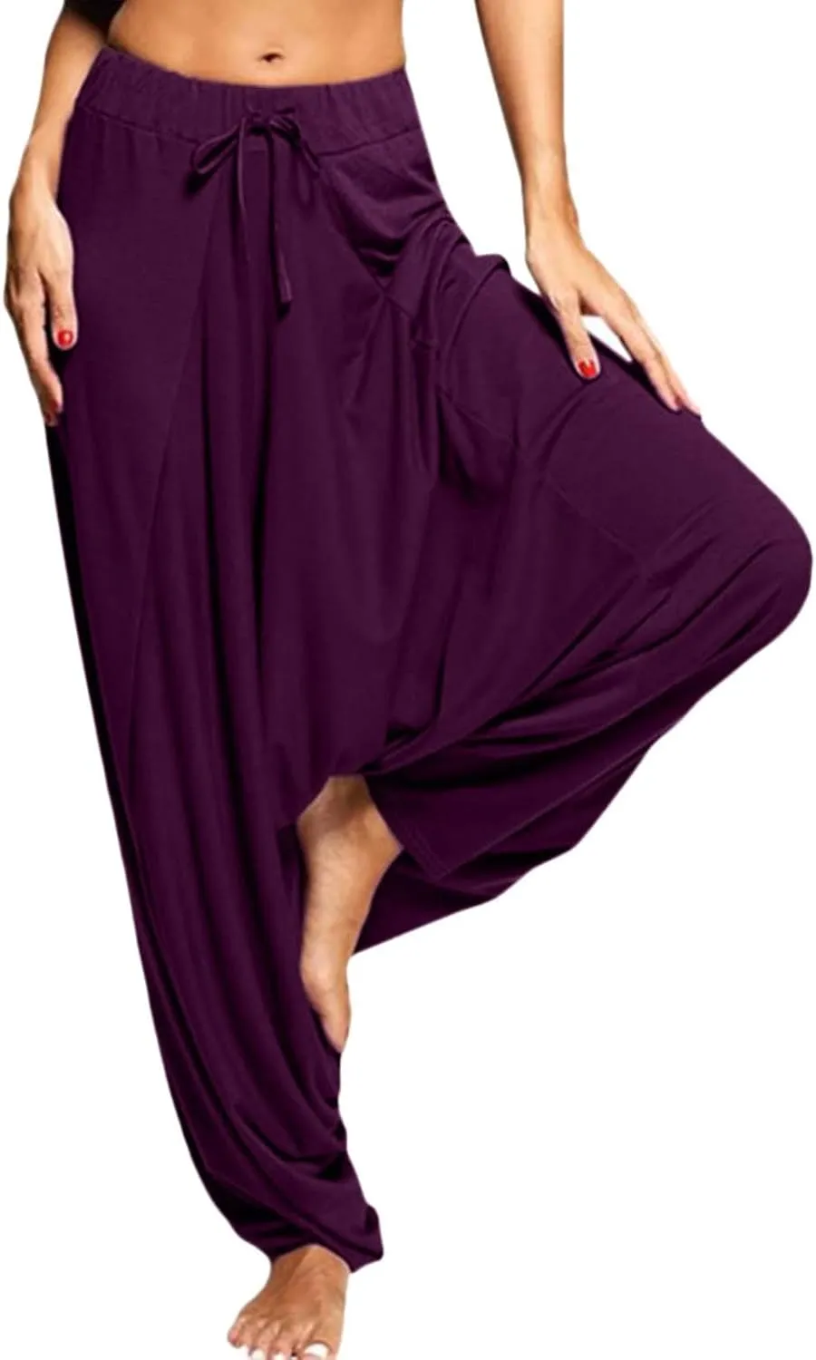 Womens Solid Color Drop Crotch Harem Pants Drawstring Loose Fit Aladdin Hippie Palazzo Lounge Elephant Boho Pants