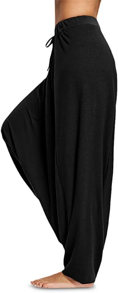 Womens Solid Color Drop Crotch Harem Pants Drawstring Loose Fit Aladdin Hippie Palazzo Lounge Elephant Boho Pants