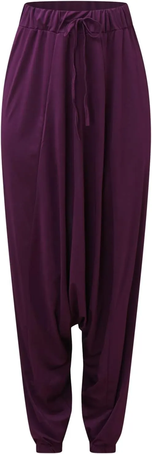 Womens Solid Color Drop Crotch Harem Pants Drawstring Loose Fit Aladdin Hippie Palazzo Lounge Elephant Boho Pants
