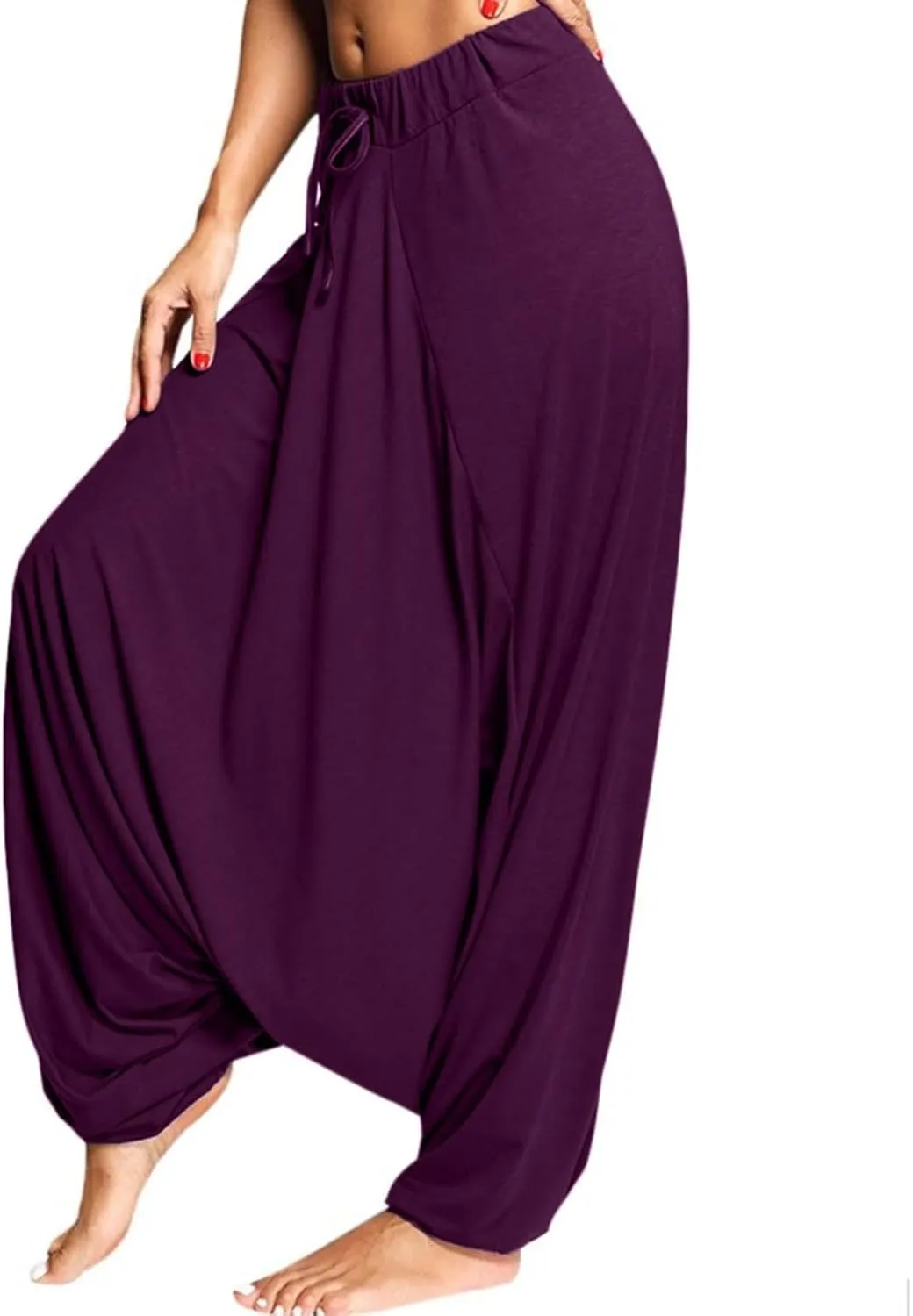 Womens Solid Color Drop Crotch Harem Pants Drawstring Loose Fit Aladdin Hippie Palazzo Lounge Elephant Boho Pants