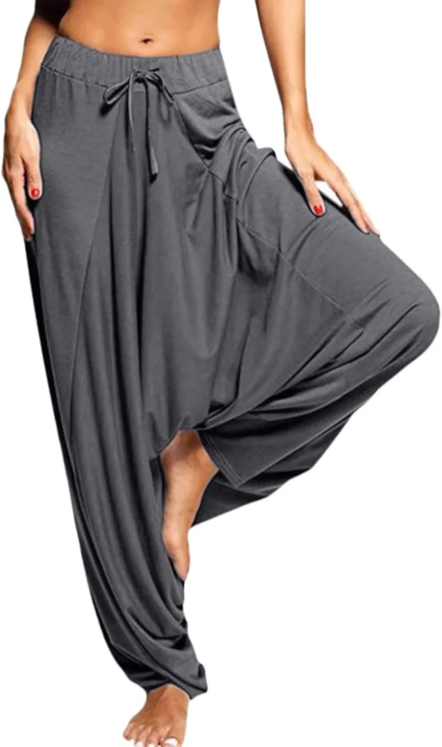 Womens Solid Color Drop Crotch Harem Pants Drawstring Loose Fit Aladdin Hippie Palazzo Lounge Elephant Boho Pants