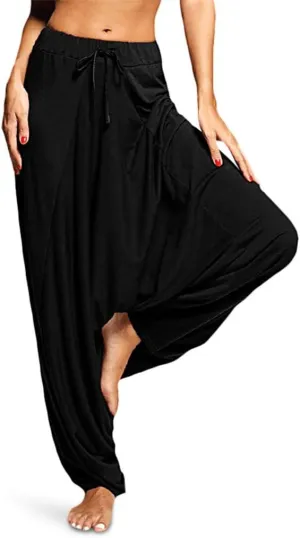 Womens Solid Color Drop Crotch Harem Pants Drawstring Loose Fit Aladdin Hippie Palazzo Lounge Elephant Boho Pants