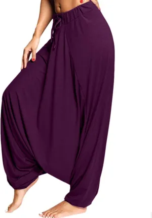 Womens Solid Color Drop Crotch Harem Pants Drawstring Loose Fit Aladdin Hippie Palazzo Lounge Elephant Boho Pants