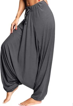 Womens Solid Color Drop Crotch Harem Pants Drawstring Loose Fit Aladdin Hippie Palazzo Lounge Elephant Boho Pants
