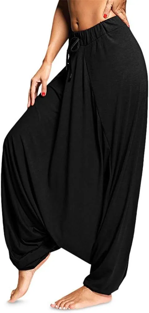 Womens Solid Color Drop Crotch Harem Pants Drawstring Loose Fit Aladdin Hippie Palazzo Lounge Elephant Boho Pants