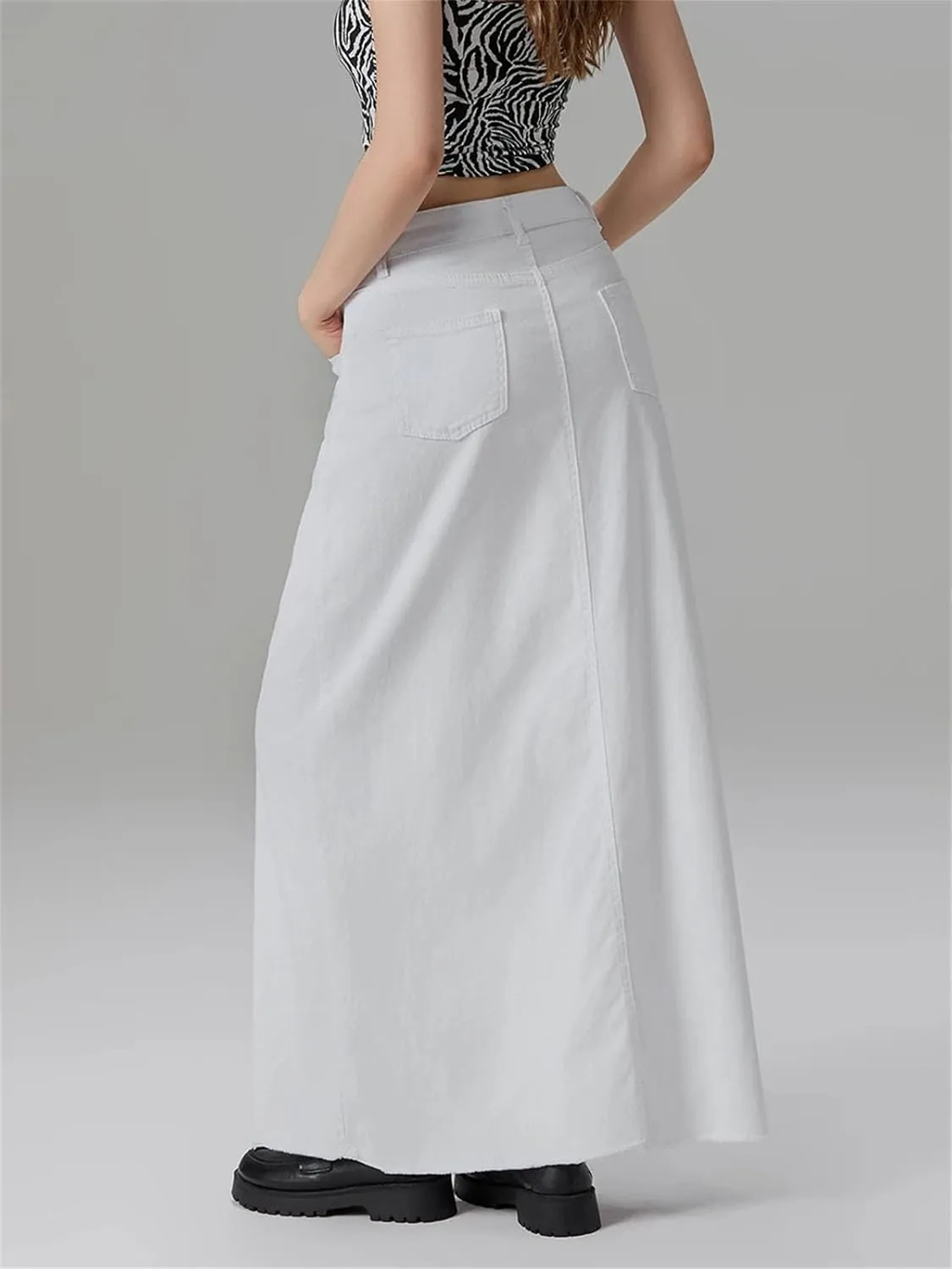 Women's Solid Color Long A Line Skirt Slim Fit Mid Waist Denim Skirt with Pockets for School Work ping