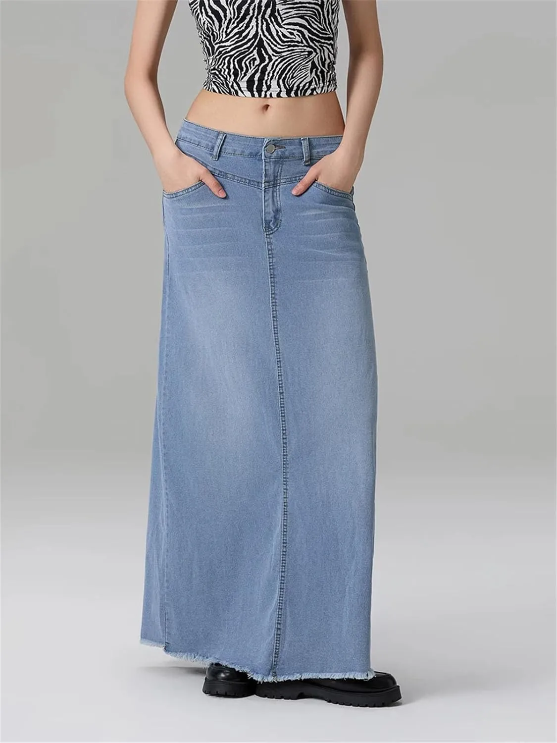 Women's Solid Color Long A Line Skirt Slim Fit Mid Waist Denim Skirt with Pockets for School Work ping