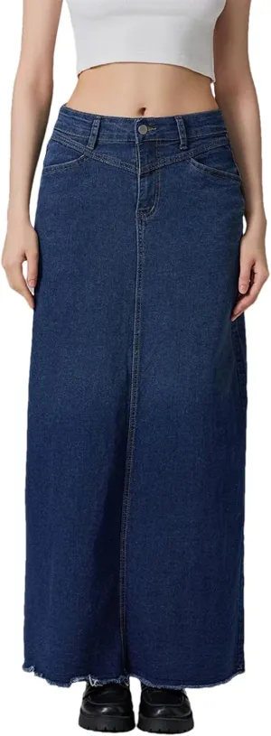 Women's Solid Color Long A Line Skirt Slim Fit Mid Waist Denim Skirt with Pockets for School Work ping