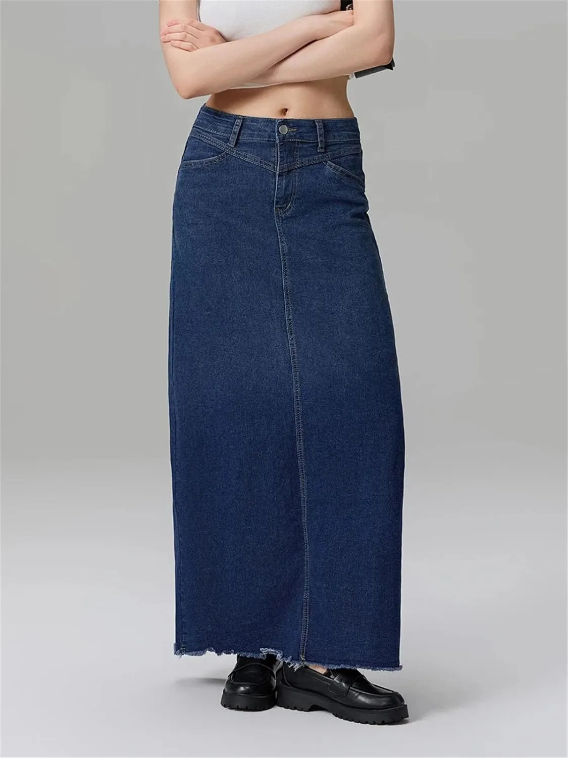 Women's Solid Color Long A Line Skirt Slim Fit Mid Waist Denim Skirt with Pockets for School Work ping