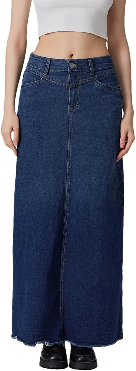 Women's Solid Color Long A Line Skirt Slim Fit Mid Waist Denim Skirt with Pockets for School Work ping