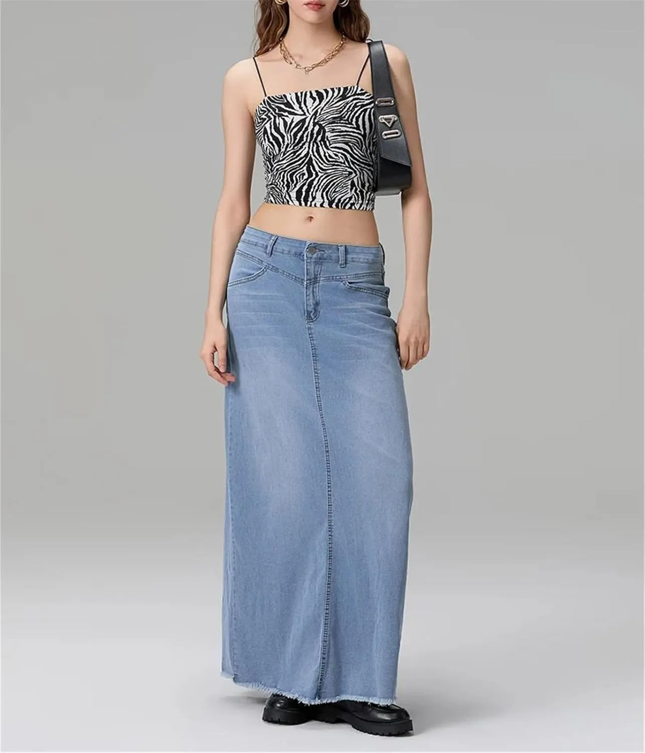 Women's Solid Color Long A Line Skirt Slim Fit Mid Waist Denim Skirt with Pockets for School Work ping
