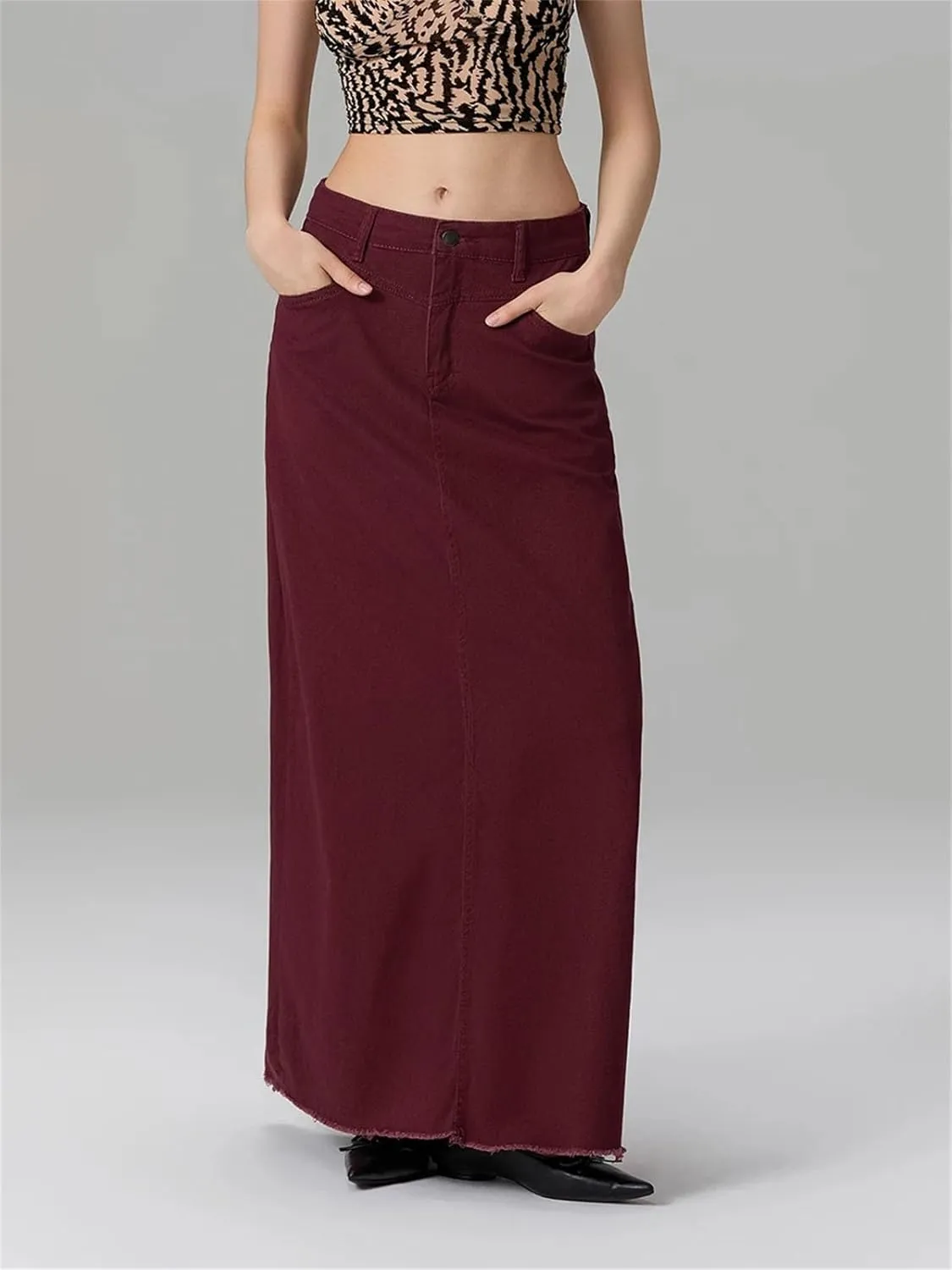 Women's Solid Color Long A Line Skirt Slim Fit Mid Waist Denim Skirt with Pockets for School Work ping
