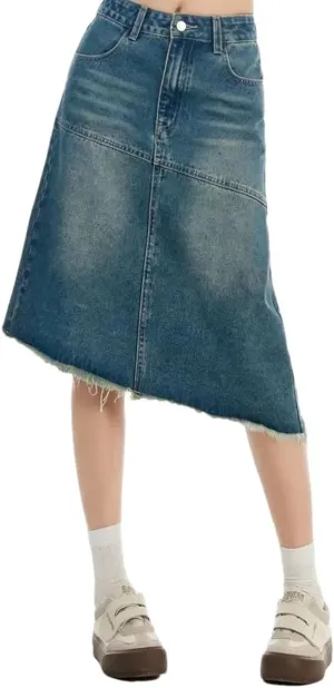 Women's Solid Irregular A-Line Tassle Denim Skirt Harajuku Casual High Waist Vintage Midi Jeans Skirts