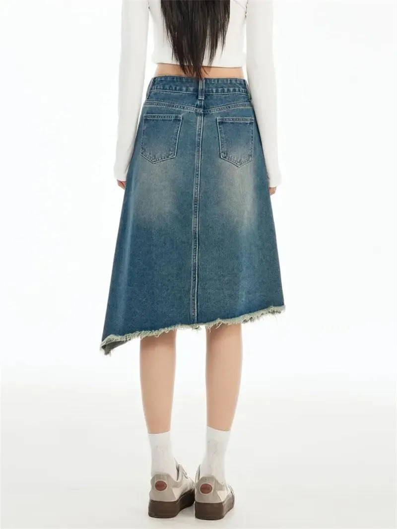 Women's Solid Irregular A-Line Tassle Denim Skirt Harajuku Casual High Waist Vintage Midi Jeans Skirts
