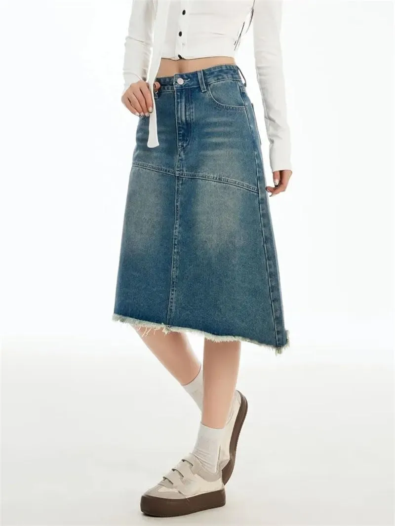 Women's Solid Irregular A-Line Tassle Denim Skirt Harajuku Casual High Waist Vintage Midi Jeans Skirts